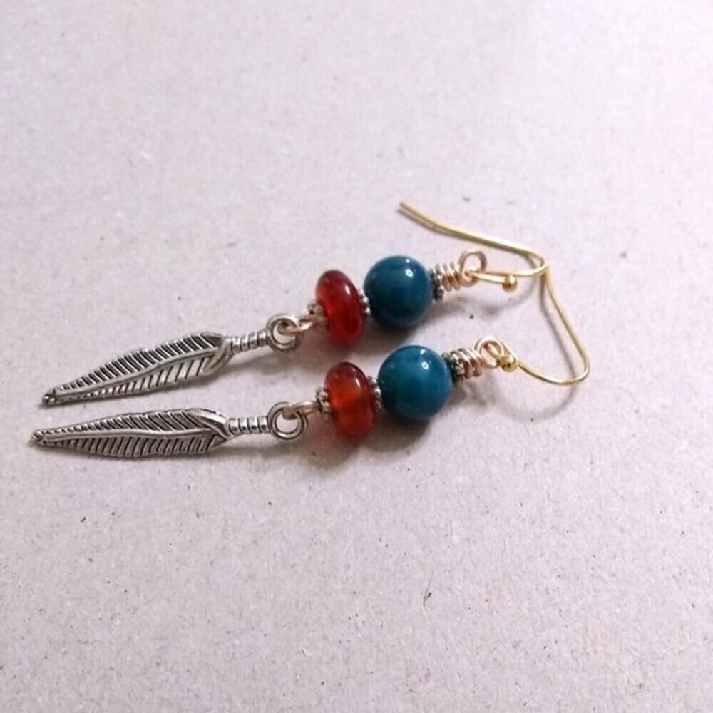 Mixed Metals! Feather Dangle Earrings ~ Blue & Russet Agate Beads ~ Southwestern